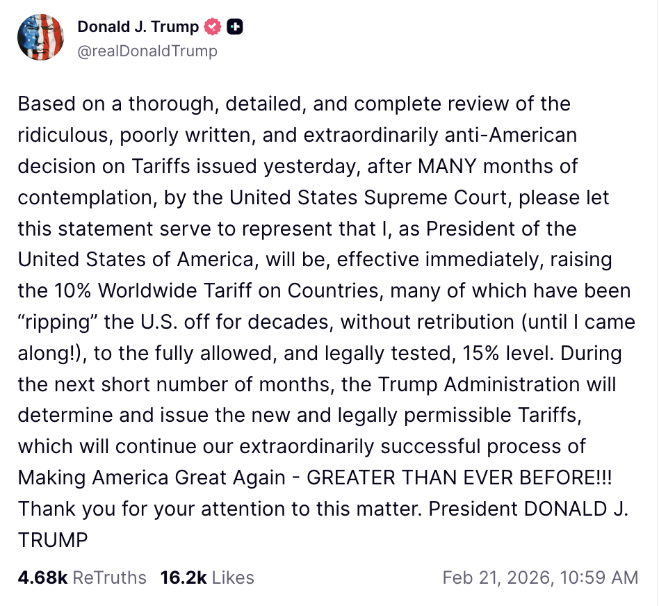 US President Trump Raises Global Tariff Rate to 15%, Crypto Doesn’t Budge US President Trump Raises Global Tariff Rate to 15%, Crypto Doesn’t Budge