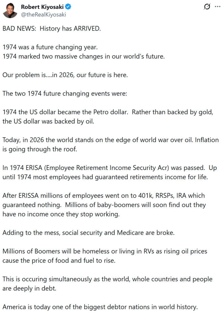 Kiyosaki Says 1974 Shift Drives Debt Crisis, Backs Bitcoin and gold Kiyosaki Says 1974 Shift Drives Debt Crisis, Backs Bitcoin and gold